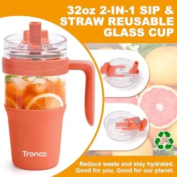 Tronco 32oz Glass Tumbler Leakproof BPA Free Dishwasher Safe