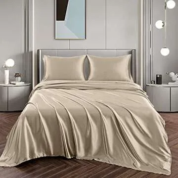 Vonty Satin Sheets King Size Silky Soft Satin Bed Sheets Taupe Satin Sheet Set, 1 Deep Pocket Fitted Sheet + 1 Flat Sheet + 2 Pillowcases