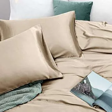 Vonty Satin Sheets King Size Silky Soft Satin Bed Sheets Taupe Satin Sheet Set, 1 Deep Pocket Fitted Sheet + 1 Flat Sheet + 2 Pillowcases