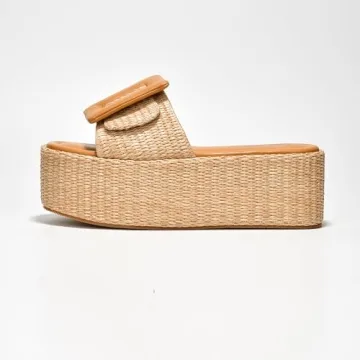Cape Robbin Indi Platform Raffia Sandals for Women - Chunky Open Square Toe Causal Sandals - Women's Slip On Shoes with Buckle - Nude Size 8