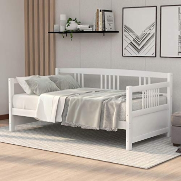 Merax Daybed Twin Bed Wooden Slats Support Modern Living Daybed with Rails, Twin Size, Ivory White