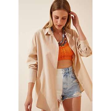 BIG DART Oversized Button Down Shirts for Women, Dressy Casual Long Sleeve Blouses Summer Tops Tunics (US, Alpha, Large, Regular, Regular, Cream)