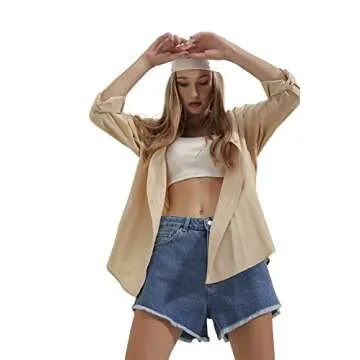 BIG DART Oversized Button Down Shirts for Women, Dressy Casual Long Sleeve Blouses Summer Tops Tunics (US, Alpha, Large, Regular, Regular, Cream)