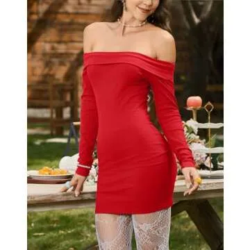 HYPERFIRE Women's Sexy Elegant Off The Shoulder Long Sleeve Dress Ribbed Party Mini Dresses Red X-Small