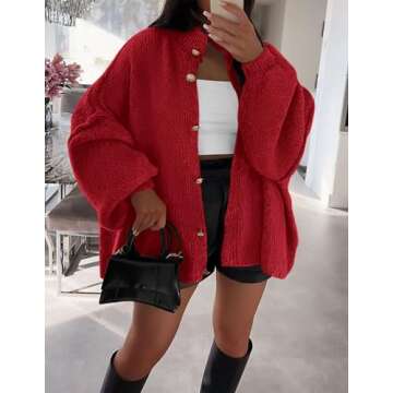 PRETTYGARDEN Women's Winter Button Down Cardigan Sweaters Mock Neck Lantern Long Sleeve Chunky Knit ...