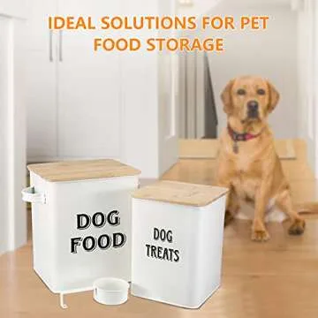 Morezi Dog Food Storage Container Farmhouse Pet Food Treats Bin with Lid and Scoop, Perfect Sturdy Canister Tins for Kitchen Countertop, Shelf, Great Gift for Pet Owners - Dog Food White