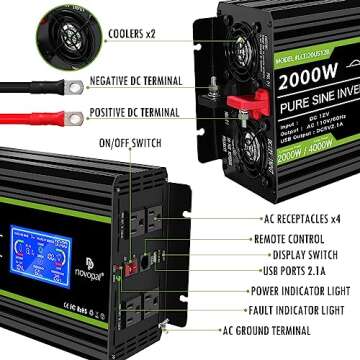 Novopal 2000 watt Pure Sine Wave Power Inverter DC 12V to 110V/120V Converter 4 AC Outlets Rv Inverters with USB Port 16.4ft Remote Control and LCD Display
