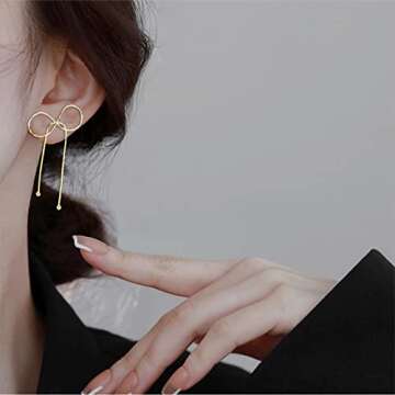 Reffeer Solid 925 Sterling Silver Bow Drop Earrings Dangle for Women Teen Bowknot Dangle Earrings Studs (B-18K Gold)