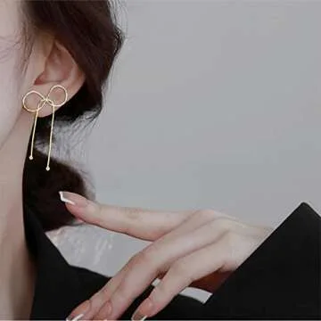 Reffeer Solid 925 Sterling Silver Bow Drop Earrings Dangle for Women Teen Bowknot Dangle Earrings Studs (B-18K Gold)