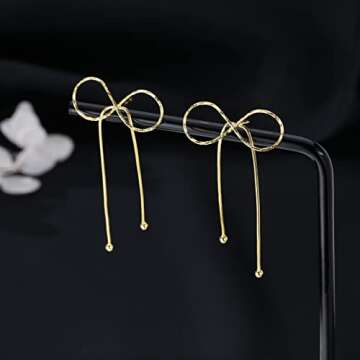 Reffeer Solid 925 Sterling Silver Bow Drop Earrings Dangle for Women Teen Bowknot Dangle Earrings Studs (B-18K Gold)