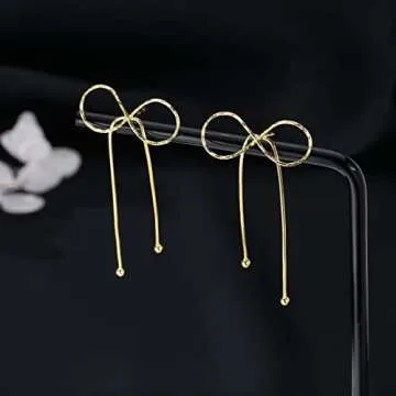 Reffeer Solid 925 Sterling Silver Bow Drop Earrings Dangle for Women Teen Bowknot Dangle Earrings Studs (B-18K Gold)