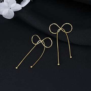 Reffeer Solid 925 Sterling Silver Bow Drop Earrings Dangle for Women Teen Bowknot Dangle Earrings Studs (B-18K Gold)