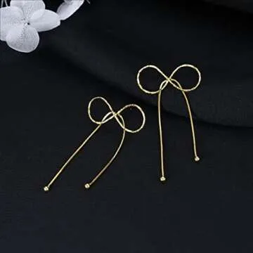 Reffeer Solid 925 Sterling Silver Bow Drop Earrings Dangle for Women Teen Bowknot Dangle Earrings Studs (B-18K Gold)
