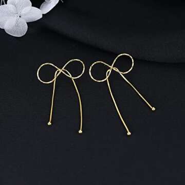 Reffeer Solid 925 Sterling Silver Bow Drop Earrings Dangle for Women Teen Bowknot Dangle Earrings Studs (B-18K Gold)