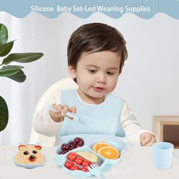 LAUIEKNA Silicone Led Weaning Supplies, Baby Feeding Set, Suction Bowl & Divided Plate, Training Feeding Dish With Fork &Spoon,100% Food Grade Silicone Waterproof Bibs, Cute Shaped Cup (Light Blue)