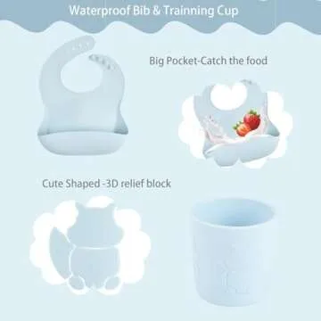 LAUIEKNA Silicone Led Weaning Supplies, Baby Feeding Set, Suction Bowl & Divided Plate, Training Feeding Dish With Fork &Spoon,100% Food Grade Silicone Waterproof Bibs, Cute Shaped Cup (Light Blue)