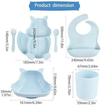 LAUIEKNA Silicone Led Weaning Supplies, Baby Feeding Set, Suction Bowl & Divided Plate, Training Feeding Dish With Fork &Spoon,100% Food Grade Silicone Waterproof Bibs, Cute Shaped Cup (Light Blue)
