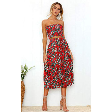 Angashion Women's Floral Crop Top Maxi Skirt Set 2 Piece