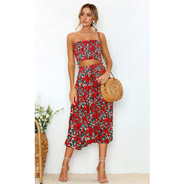 Angashion Women's Floral Crop Top Maxi Skirt Set 2 Piece