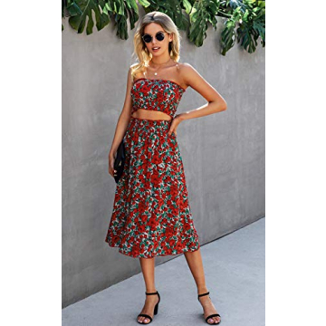 Angashion Women's Floral Crop Top Maxi Skirt Set 2 Piece