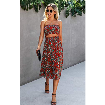 Angashion Women's Floral Crop Top Maxi Skirt Set 2 Piece