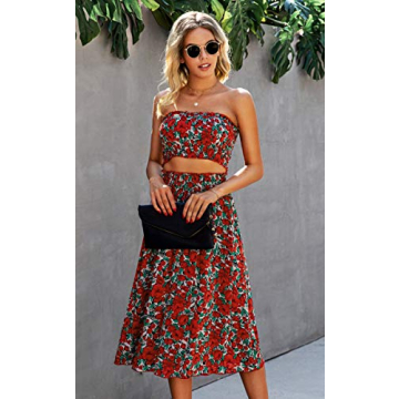 Angashion Women's Floral Crop Top Maxi Skirt Set 2 Piece