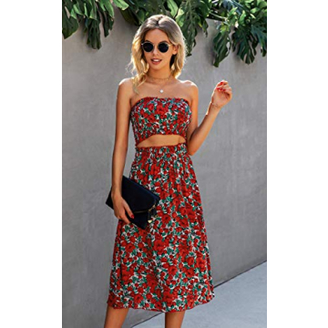 Angashion Women's Floral Crop Top Maxi Skirt Set 2 Piece