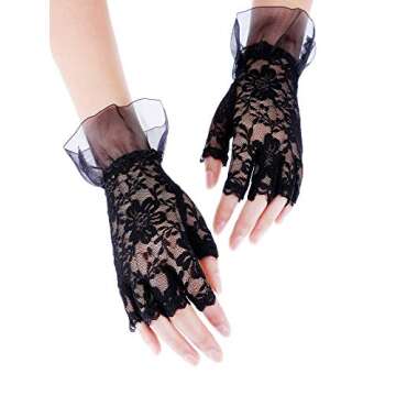 Skylety Women Short Lace Floral Gloves Sunblock Fingerless Lace Gloves for Wedding Bridal(Lace,Black)
