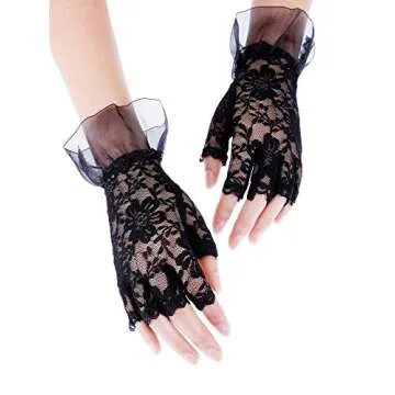 Skylety Women Short Lace Floral Gloves Sunblock Fingerless Lace Gloves for Wedding Bridal(Lace,Black)