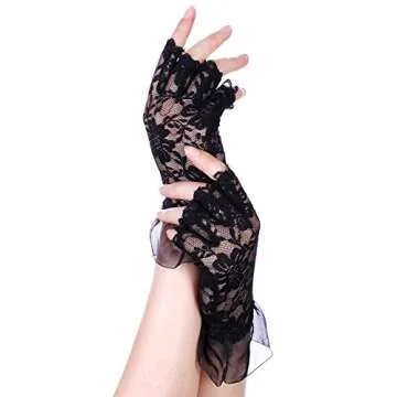 Skylety Women Short Lace Floral Gloves Sunblock Fingerless Lace Gloves for Wedding Bridal(Lace,Black)