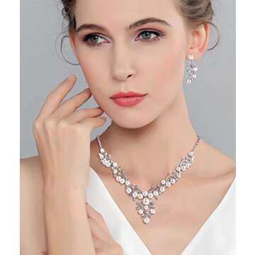 EVER FAITH Crystal Simulated Pearl Leaf Vine Bridal Prom Necklace Pierced Earrings Set Clear Silver-...