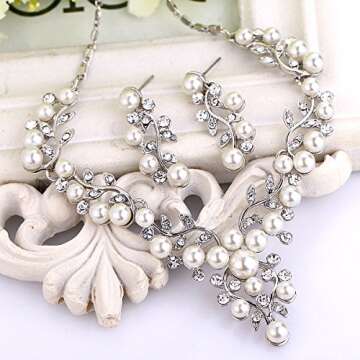 EVER FAITH Crystal Simulated Pearl Leaf Vine Bridal Prom Necklace Pierced Earrings Set Clear Silver-Tone