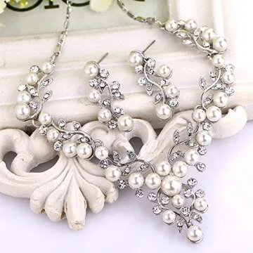 EVER FAITH Crystal Simulated Pearl Leaf Vine Bridal Prom Necklace Pierced Earrings Set Clear Silver-Tone