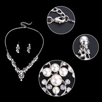 EVER FAITH Crystal Simulated Pearl Leaf Vine Bridal Prom Necklace Pierced Earrings Set Clear Silver-Tone