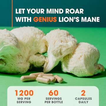 The Genius Brand Genius Lion's Mane Cognition Vitamins Supplement Capsules - Organic Nootropic Supplement, 1200mg per Serving – 120 Veggie Pills