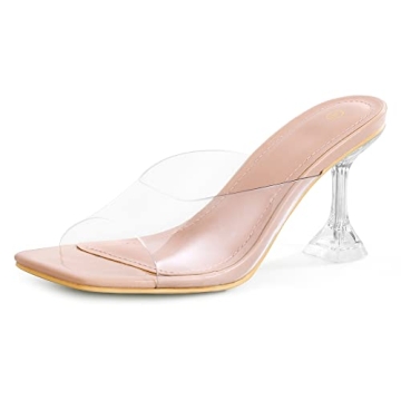 mysoft Women's Clear Heeled Sandals Square Toe Transparent Stiletto Mules Open Toe Slip on Dress Sho...