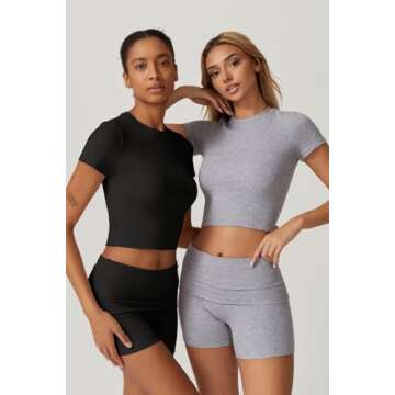 QINSEN Women's 2 Piece Outfits Lounge Sets Slim Fitted Short Sleeve Crop Tops Fold Over Shorts Casual Comfy Trasuits