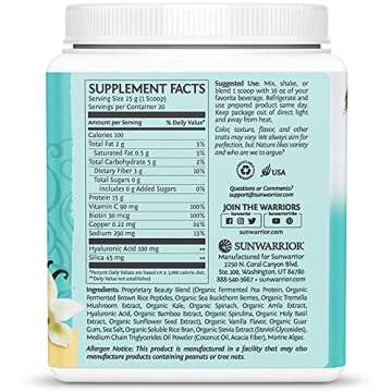 Vegan Collagen Protein Powder Plant-based | Hyaluronic Acid Minerals Biotin Soy Free Dairy Free Gluten Free NON-GMO | Vanilla 20 Servings | Collagen Building Peptides by Sunwarrior