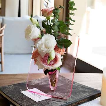 EASY365 Pink Clear Acrylic Photo Frame Flower Vase, 8 x 6 Inch Aesthetic Unique Flower Vase for Centerpieces, Decorative Picture Frame Vase, Flower Frame Vase for Home Office Wedding Acrylic Decor