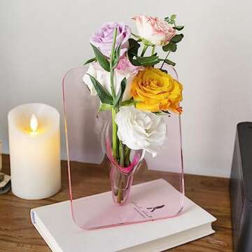 EASY365 Pink Clear Acrylic Photo Frame Flower Vase, 8 x 6 Inch Aesthetic Unique Flower Vase for Centerpieces, Decorative Picture Frame Vase, Flower Frame Vase for Home Office Wedding Acrylic Decor