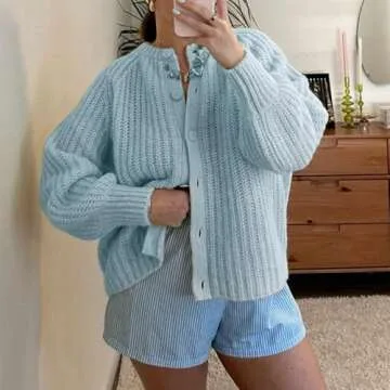 Women Button Down Cardigan Sweater Long Sleeve Chunky Cardigan Top Casual Knit Jacket Fall Winter Streetwear(Blue,S)