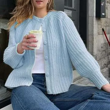Women Button Down Cardigan Sweater Long Sleeve Chunky Cardigan Top Casual Knit Jacket Fall Winter Streetwear(Blue,S)
