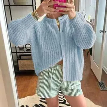 Women Button Down Cardigan Sweater Long Sleeve Chunky Cardigan Top Casual Knit Jacket Fall Winter Streetwear(Blue,S)