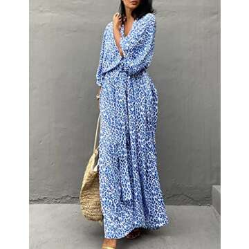 Bsubseach Cheetah Plus Size Kaftan Dresses for Women Maxi Swimsuit Coverup Bathing Suit Caftans Long Cover Up Rayon Swimwear Blue