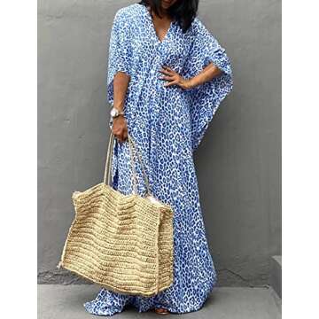 Bsubseach Cheetah Plus Size Kaftan Dresses for Women Maxi Swimsuit Coverup Bathing Suit Caftans Long Cover Up Rayon Swimwear Blue
