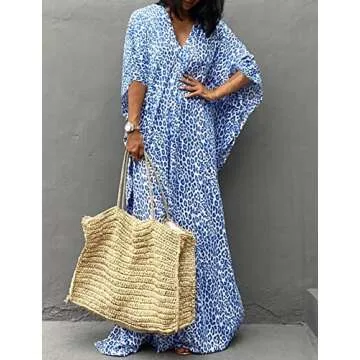 Bsubseach Cheetah Plus Size Kaftan Dresses for Women Maxi Swimsuit Coverup Bathing Suit Caftans Long Cover Up Rayon Swimwear Blue