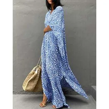 Bsubseach Cheetah Plus Size Kaftan Dresses for Women Maxi Swimsuit Coverup Bathing Suit Caftans Long Cover Up Rayon Swimwear Blue