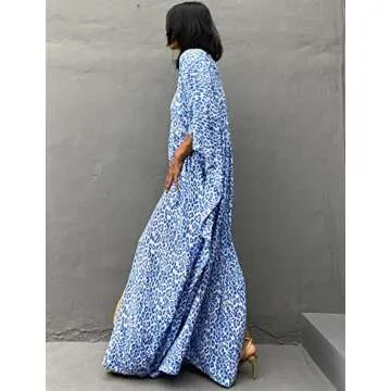 Bsubseach Cheetah Plus Size Kaftan Dresses for Women Maxi Swimsuit Coverup Bathing Suit Caftans Long Cover Up Rayon Swimwear Blue