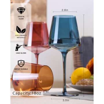 comfit Valentine's Day Gifts,Hand Blown Colored Wine Glasses Set of 6-18oz Multi Colored Square Wine Glasses with Tall Long Stems and Flat Bottom,Crystal Colorful Wine Glasses
