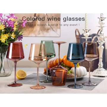comfit Valentine's Day Gifts,Hand Blown Colored Wine Glasses Set of 6-18oz Multi Colored Square Wine Glasses with Tall Long Stems and Flat Bottom,Crystal Colorful Wine Glasses
